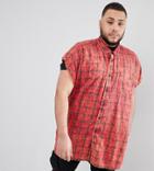Asos Design Plus Oversized Sleeveless Plaid Check Shirt With Acid Wash - Red