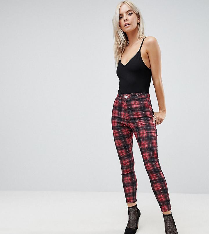 Asos Petite Rivington High Waisted Denim Jeggings In Plaid Print - Multi