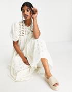 Asos Design Crochet Insert Broderie Midi Dress In Natural-neutral