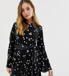 Asos Design Petite Polka Dot High Neck Plisse Dress With Self Belt-multi