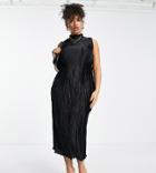 Asos Design Curve Satin Plisse Midi Dress With High Neck-black