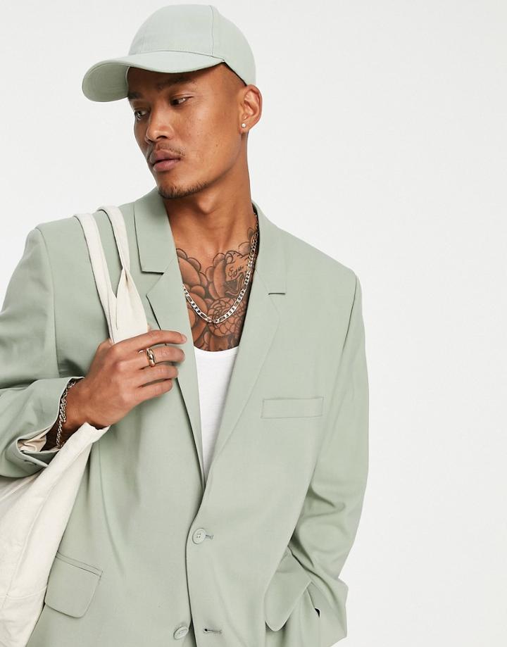 Asos Design Power Shoulder Suit Jacket In Sage Green