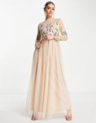 Frock And Frill Bridesmaid Maxi Dress With Pleated Skirt And Embellished Top In Light Apricot-orange