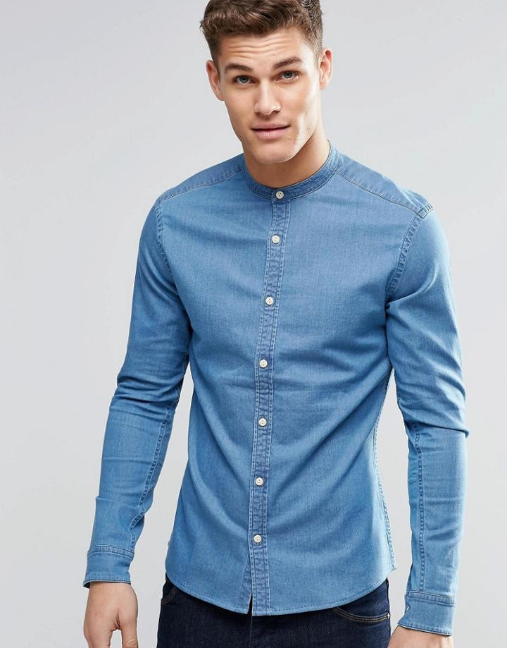 Asos Skinny Denim Shirt In Mid Wash With Grandad Collar And Long Sleeve - Mid Wash