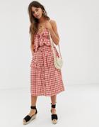 Moon River Gingham Midi Skirt With Button Down Front And Oversized Pockets - Red