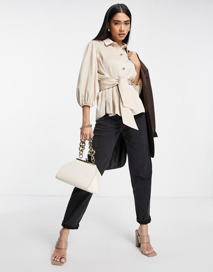 River Island Satin Tie Waist Shirt In Beige-neutral