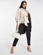 River Island Satin Tie Waist Shirt In Beige-neutral