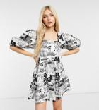 Collusion Newspaper Print Twill Smock Mini Dress In Mono-white