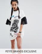 Jaded London Petite Oversized Rock T-shirt Dress With Mesh Frilly Sleeve - Cream