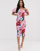 Asos Design Floral Asymmetric Bubble Sleeve Midi Dress - Multi