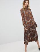 Pieces High Neck Midi Dress In Floral Print - Yellow