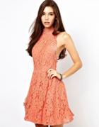 Asos Skater Dress In Lace With High Neck - Pink