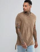 Asos Longline T-shirt With Acid Wash And Hanging Taping - Brown