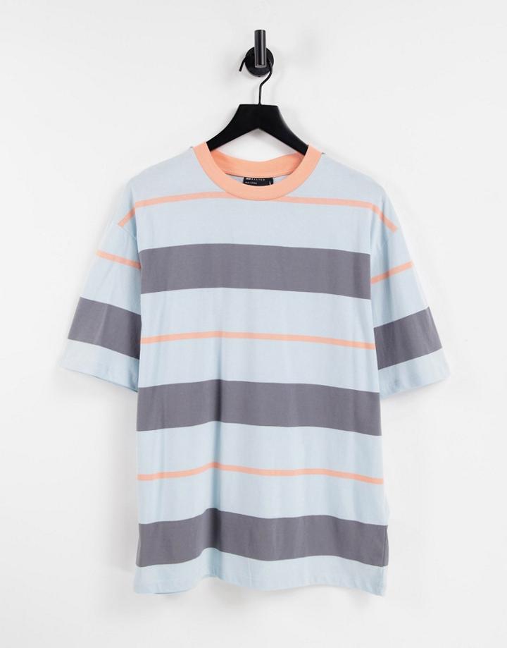 Asos Design Oversized T-shirt In Variagated Stripe In Washed Blue And Coral-blues