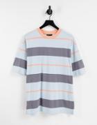 Asos Design Oversized T-shirt In Variagated Stripe In Washed Blue And Coral-blues