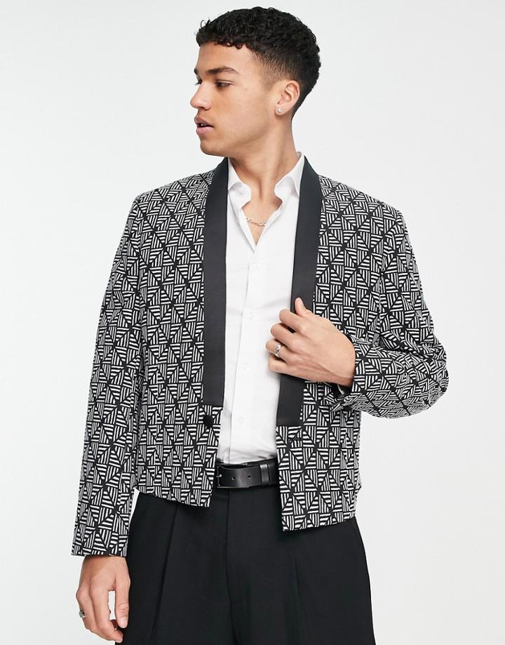 Asos Design Cropped Blazer In Black And White Geo