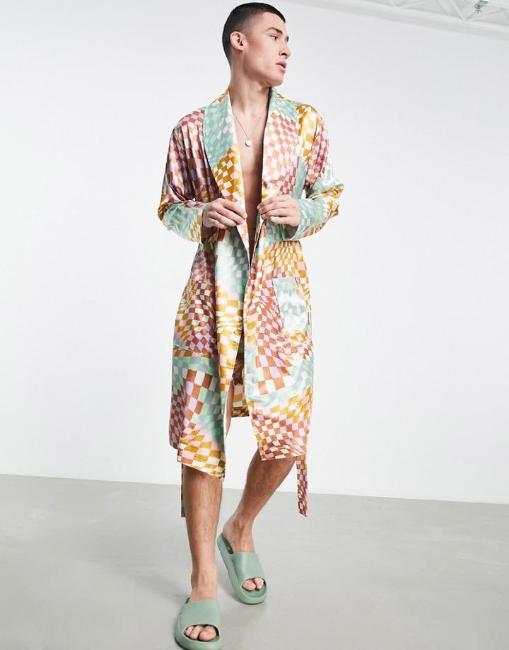 Asos Design Dressing Gown In Printed Satin - Part Of A Set-multi