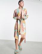 Asos Design Dressing Gown In Printed Satin - Part Of A Set-multi