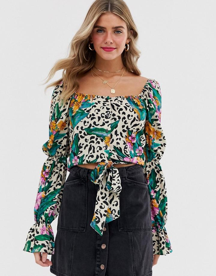 Asos Design Square Neck Top In Tropical Animal Print-multi