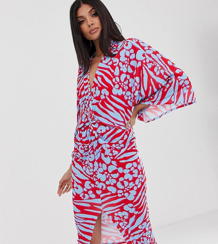 Flounce London Tall Kimono Wrap Front Midi Dress In Red Animal - Multi