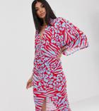 Flounce London Tall Kimono Wrap Front Midi Dress In Red Animal - Multi