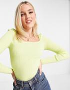 Miss Selfridge Chartreuse Rib Knit Square Neck Puff Sleeve Sweater-green