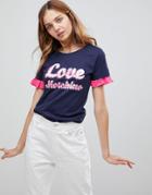 Love Moschino Frill Sleeve Logo T-shirt - Navy