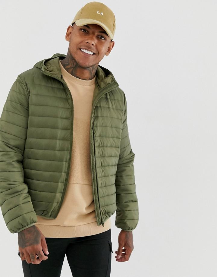 Asos Design Liner Puffer Jacket With Hood In Khaki