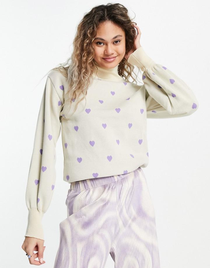 Heartbreak Oversized High Neck Sweater With Heart Embroidery In Beige-pink