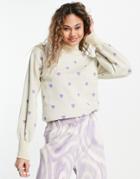 Heartbreak Oversized High Neck Sweater With Heart Embroidery In Beige-pink