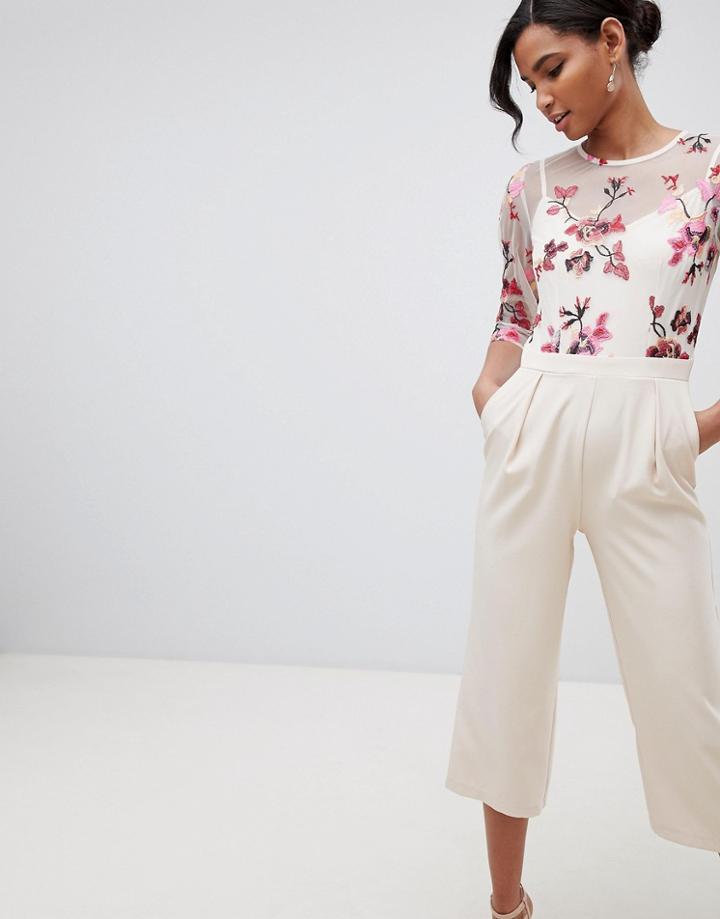 Little Mistress Embroidered Top Culotte Jumpsuit In Cream Multi - Cream