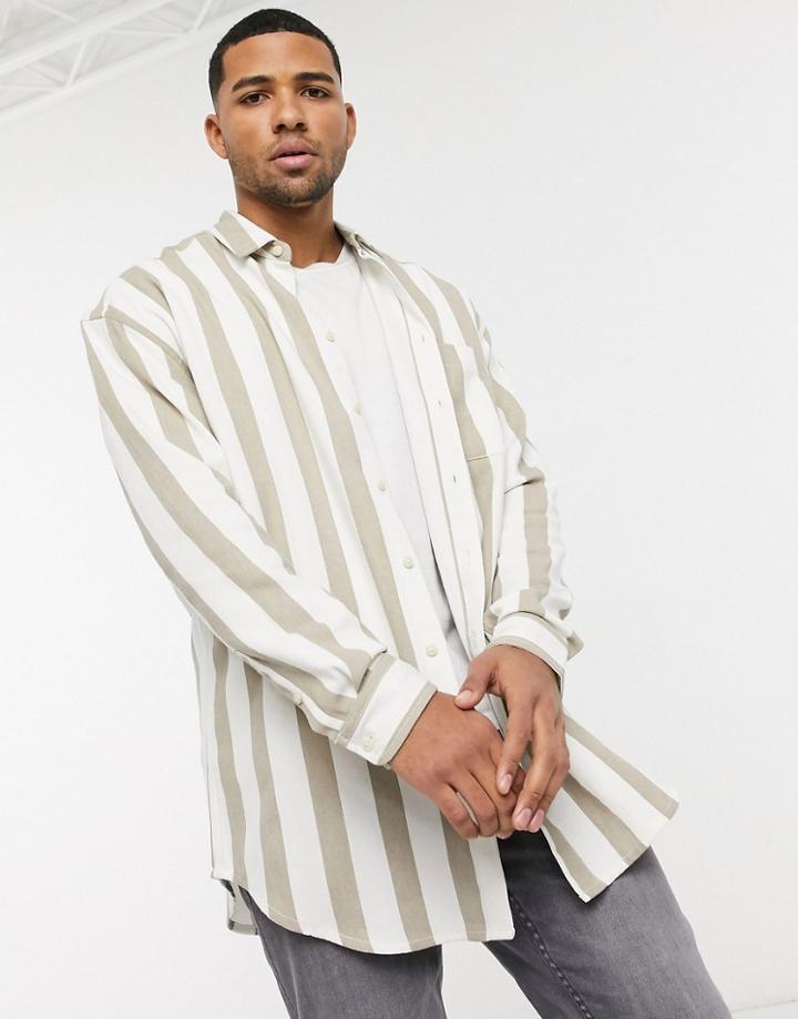 Asos Design 90s Oversized Shirt In Twill Ecru Stripe-neutral