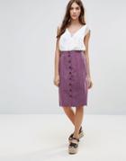 Neon Rose Faux Suede Button Front Midi Skirt - Purple