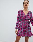Prettylittlething Wrap Dress In Pink Check - Pink