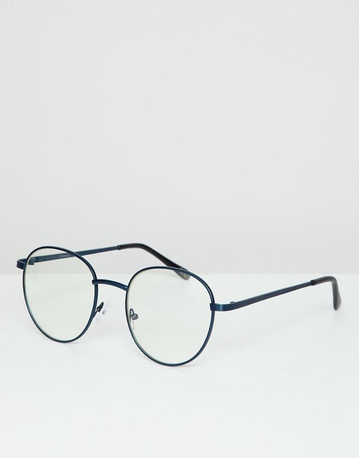 Asos Design Round Glasses In Navy Metal With Clear Lens - Navy