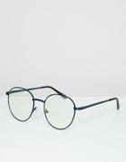 Asos Design Round Glasses In Navy Metal With Clear Lens - Navy