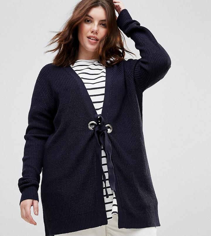 Brave Soul Plus Optimum Tie Front Cardigan - Navy