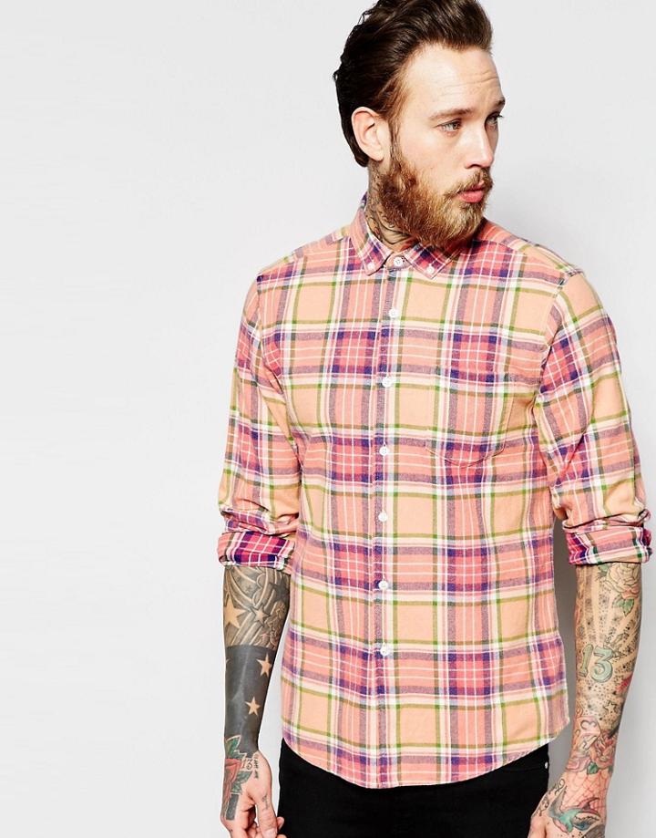 Asos Check Shirt With Acid Wash In Long Sleeve - Orange