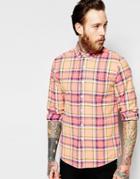 Asos Check Shirt With Acid Wash In Long Sleeve - Orange