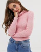 Asos Design Roll Neck Skinny Rib Sweater In Twist Yarn-pink
