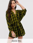 Asos Design Tall Stitch Detail Slouchy Tie Waist Romper In Green Check-multi