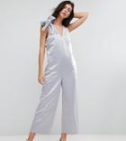 Asos Tall Satin Minimal Occasion Jumpsuit With Tie Shoulder Detail - Silver