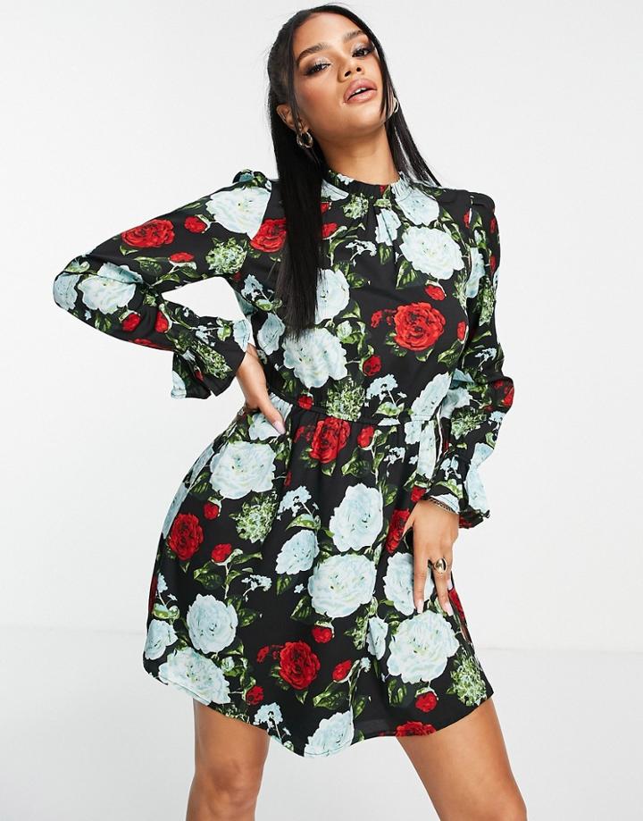 Na-kd High Neck Mini Smock Dress In Dark Floral-multi