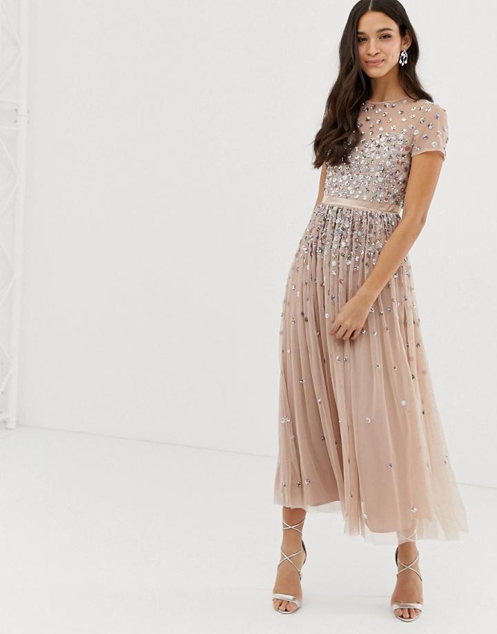 Maya Cap Sleeve Midaxi Dress With Applique Delicate Sequins In Taupe Blush - Brown