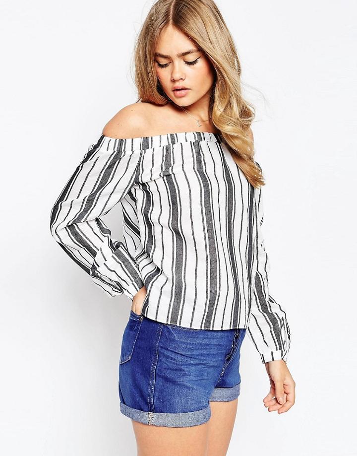 Asos Woven Off The Shoulder Top In Mono Stripe Print - Multi