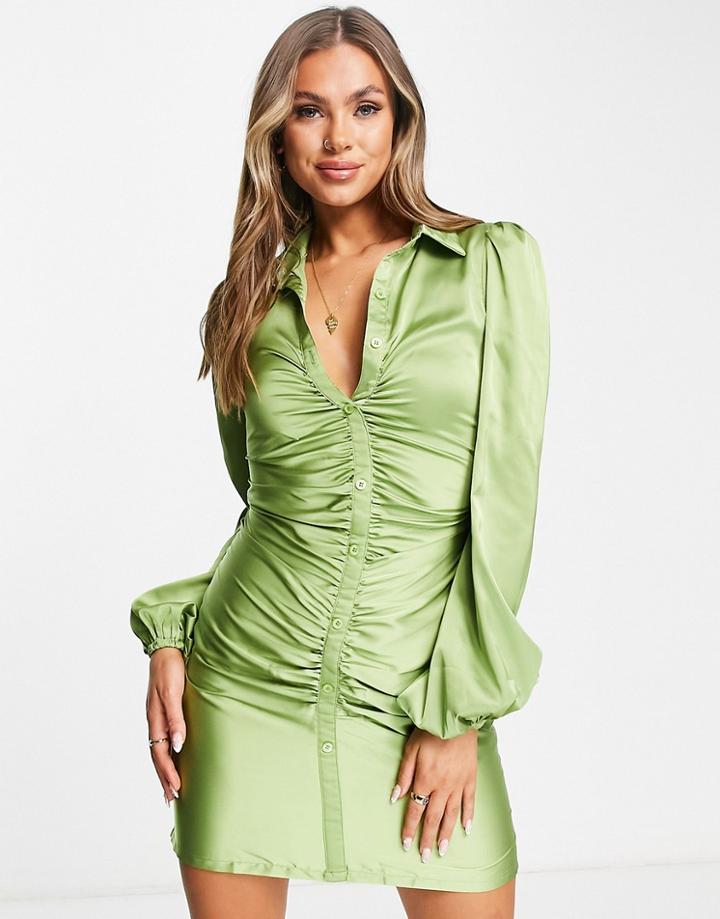 Naanaa Ruched Satin Shirt Dress In Sage Green