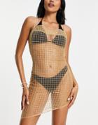 Asos Design Premium Cowl Back Beaded Net Beach Dress In Gold