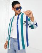 Asos Design 90s Oversized Collegiate Stripe Twill Shirt With Basketball Embroidery-blues