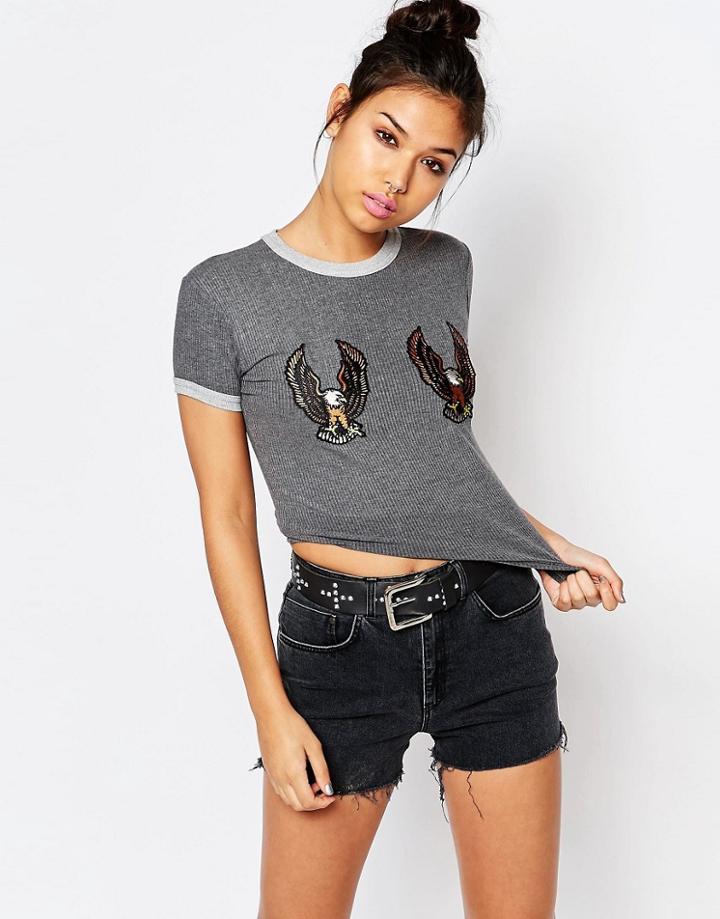 The Ragged Priest Retro Ringer Tee With Eagle Patches - Gray
