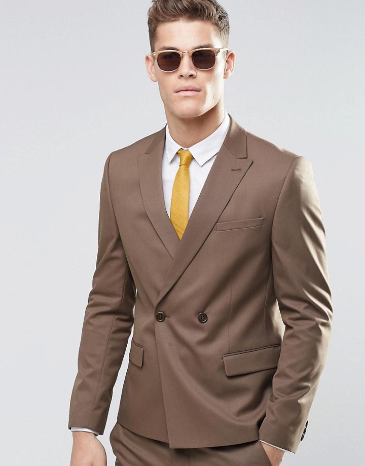 Asos Slim Double Breasted Suit Jacket In Brown - Brown